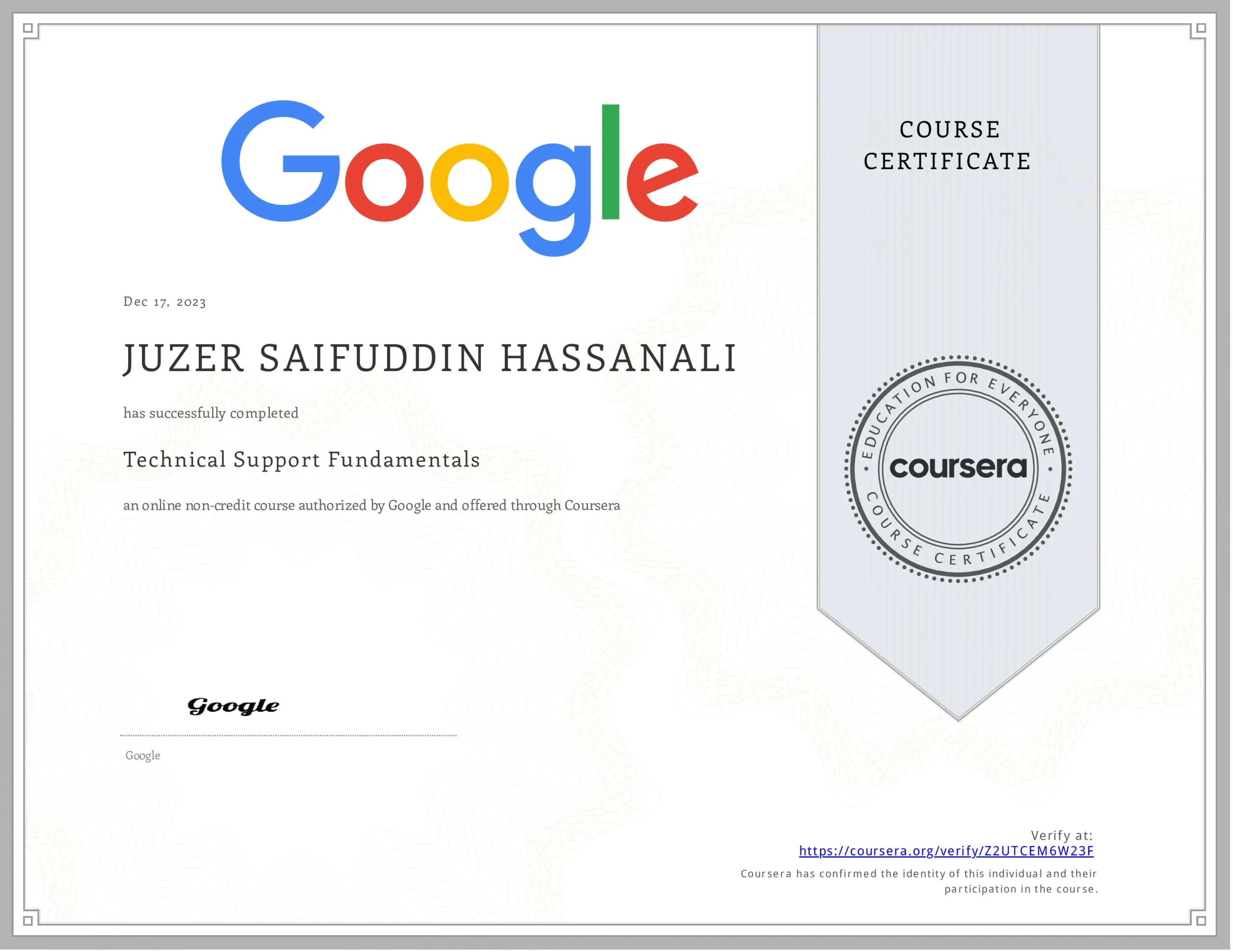 Google Tech Support Fundamentals Certificate